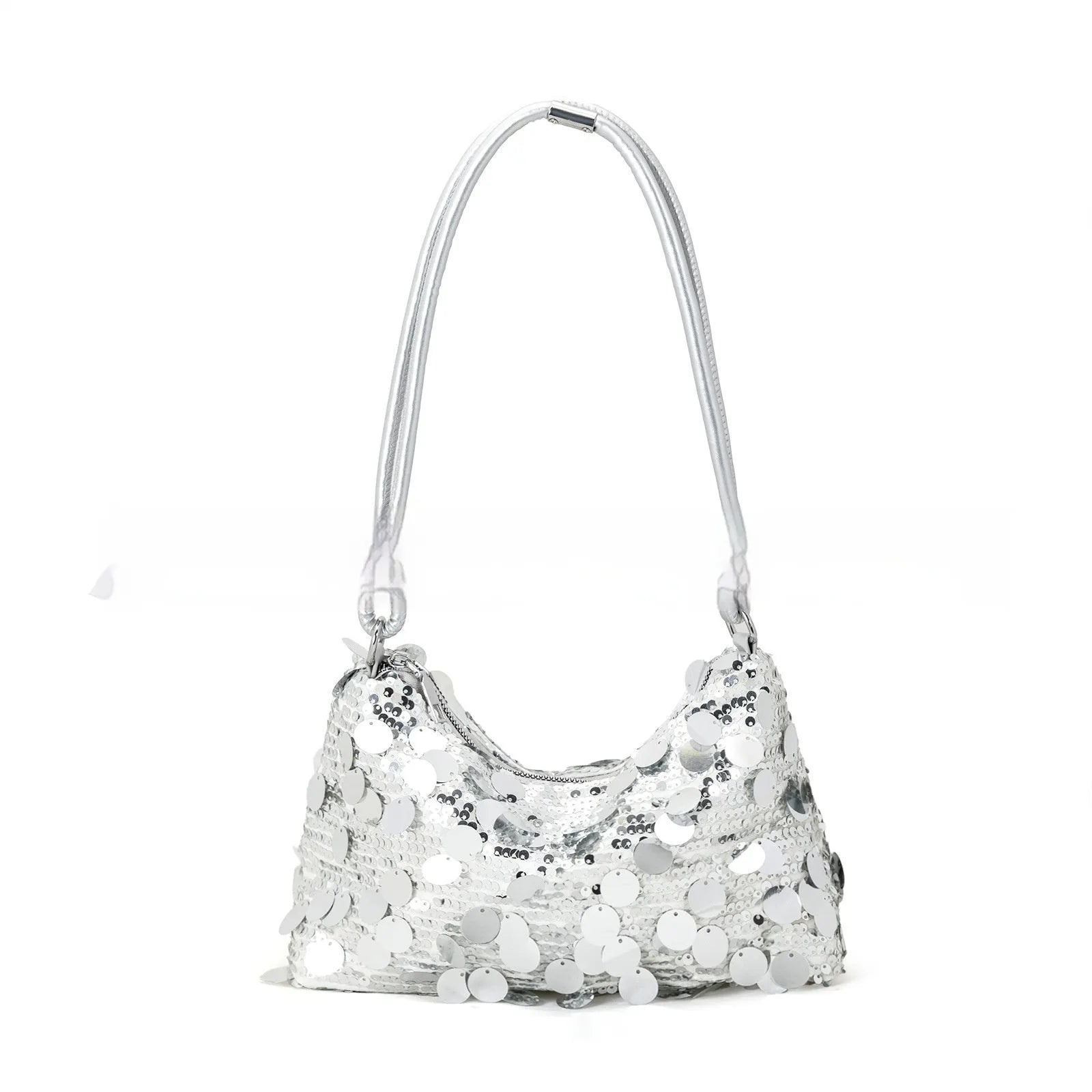 Women's soft polyester underarm crossbody bag in black, gold, or silver colour measuring 25x11x15cm