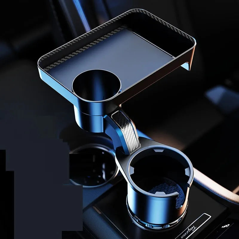 Black ABS car-mounted rotating tray with cup holder and dinner plate surface.