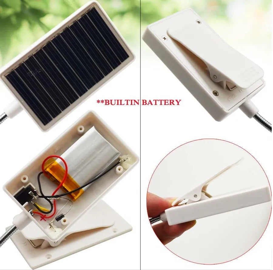 Solar LED lamp with plastic lampshade, button switch, and built-in lithium battery, charged by solar or USB.