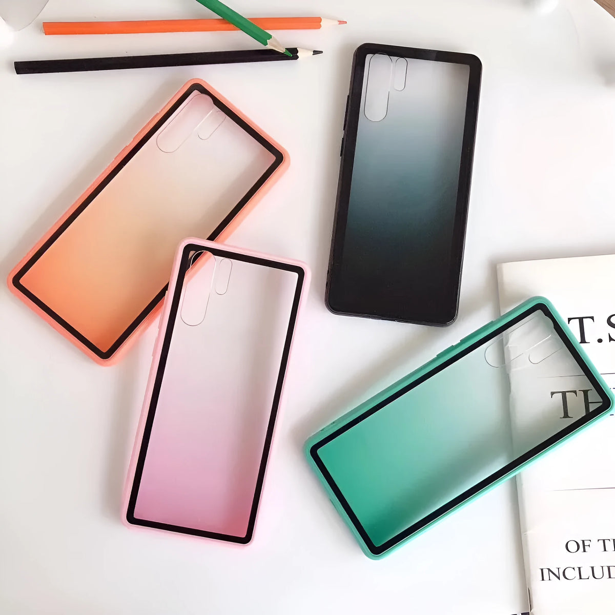 Huawei phone case in TPU and PC materials showing black, green, orange, and pink colour options