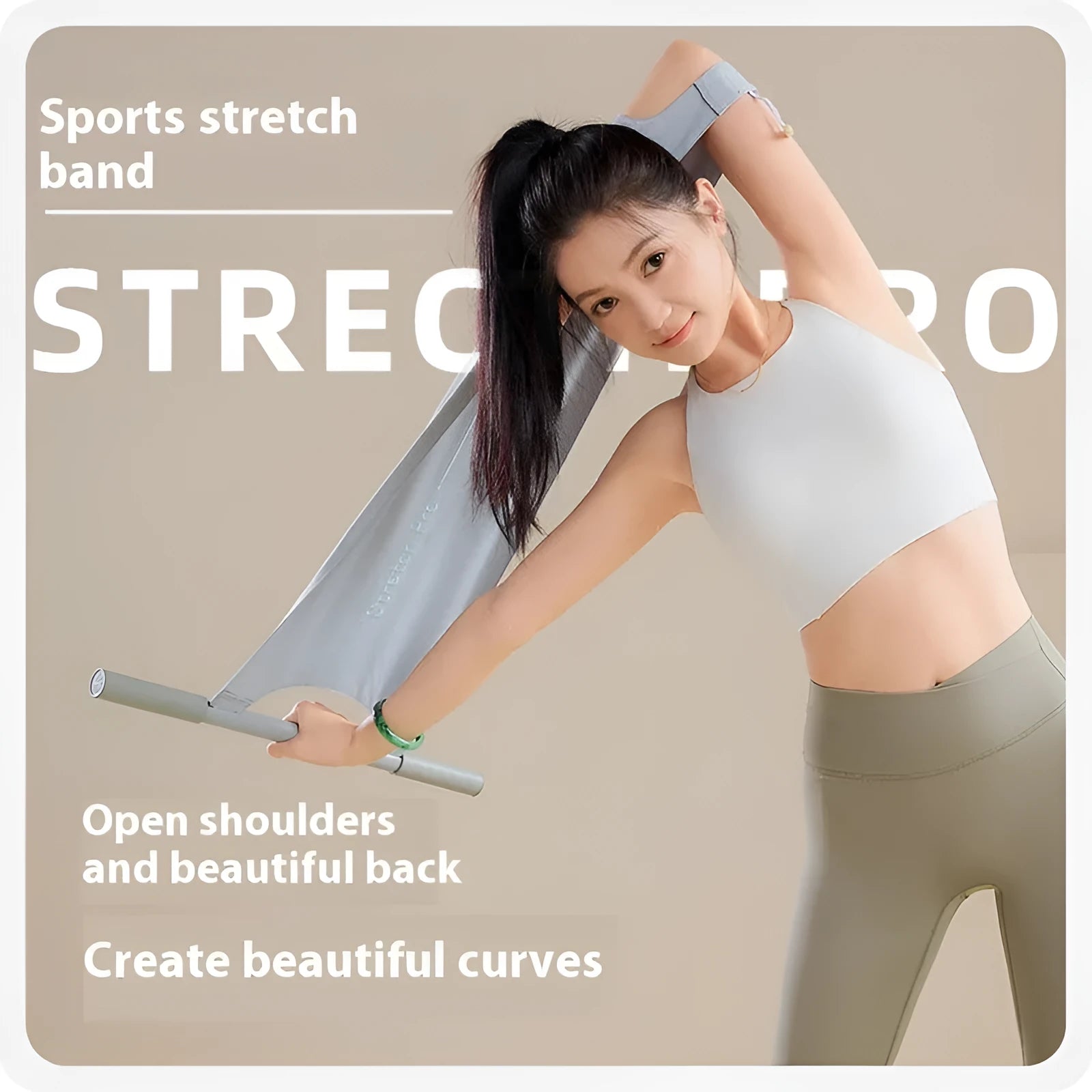 Grey and pink yoga multi-function stretching tool for shoulder, back, and hip flexibility.