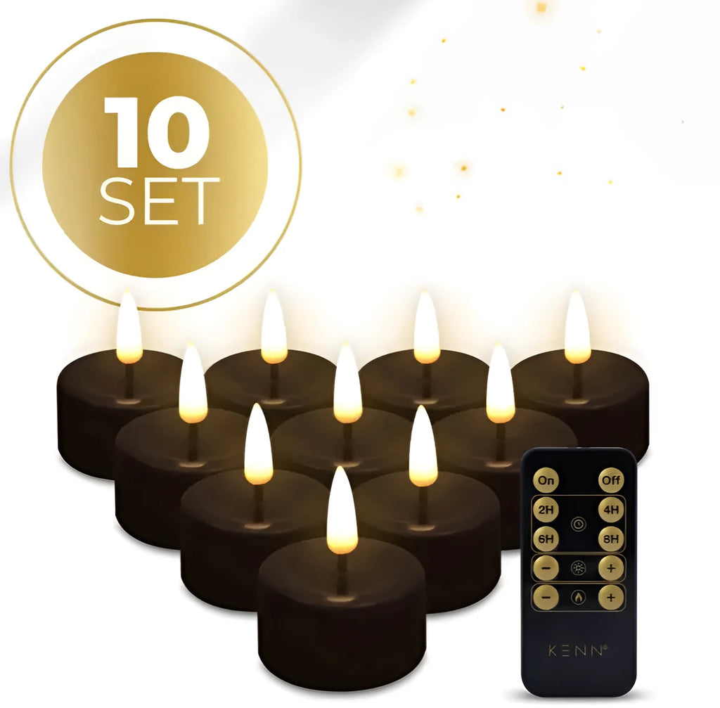 Ten black LED tealight candles with flickering flame effect, battery operated for safe indoor use