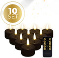 Ten black LED tealight candles with flickering flame effect, battery operated for safe indoor use