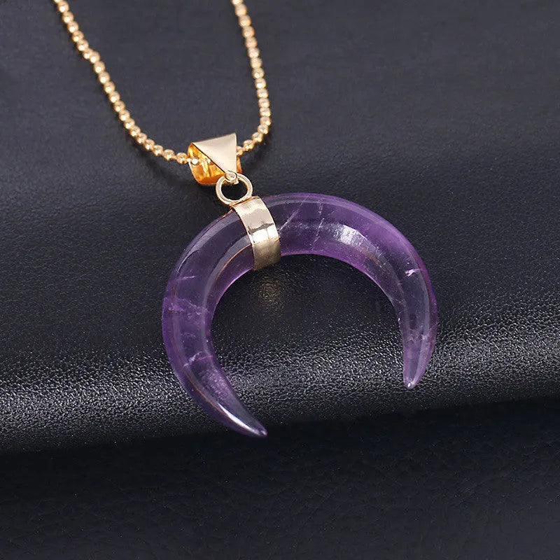 Natural stone moon pendant necklace on 45cm chain with copper fittings