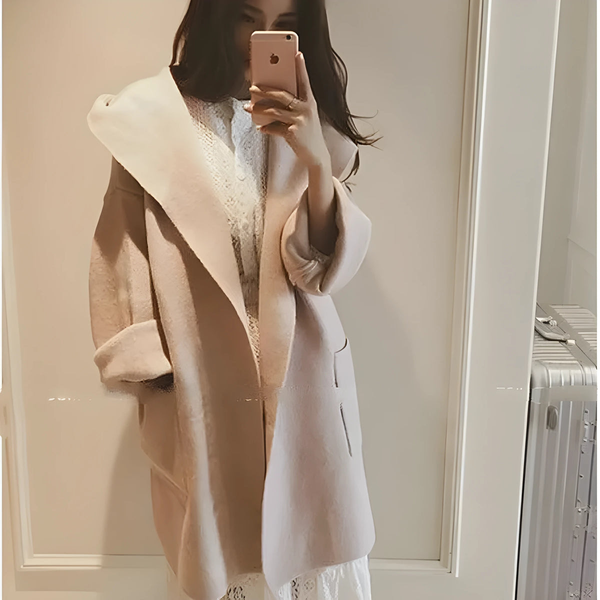 Plus size women's loose fit cotton coat with lace detail in grey, shown on a model.