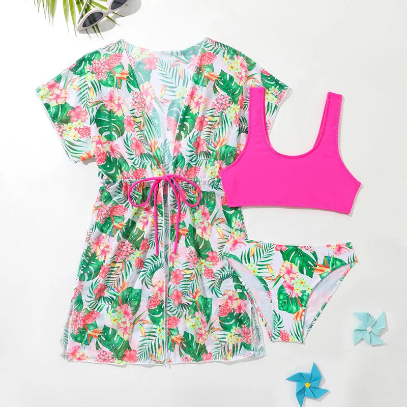 Girls' two-piece floral swimsuit in polyester for swimming, sizes 130-160cm