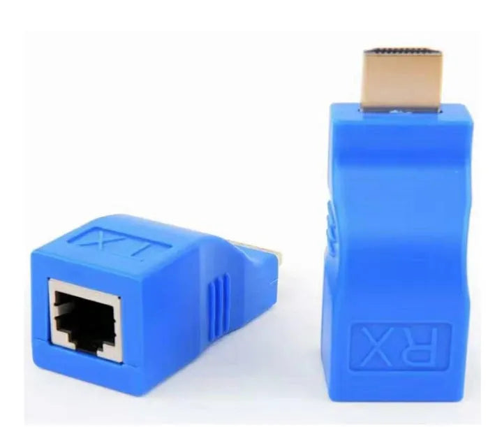 A compact black HDMI extender transmitter and receiver pair for extending signals over Cat5e/6 cable.