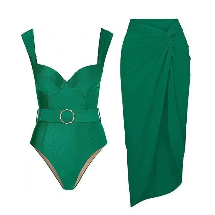 Women's one-piece swimsuit with skirt in polyester, showing double shoulder and oblique shoulder style options.