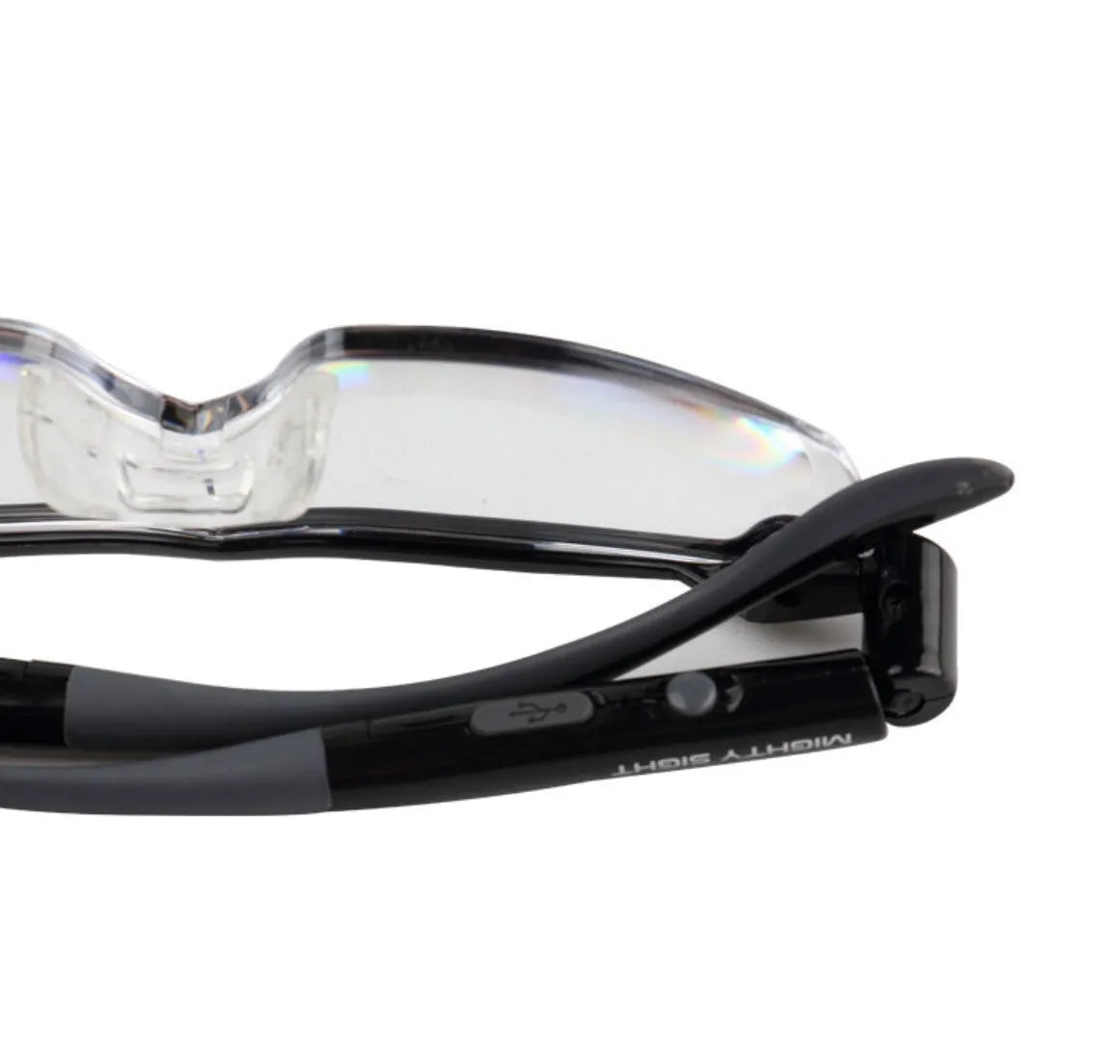 Transparent black USB LED reading glasses with integrated light on the frame.