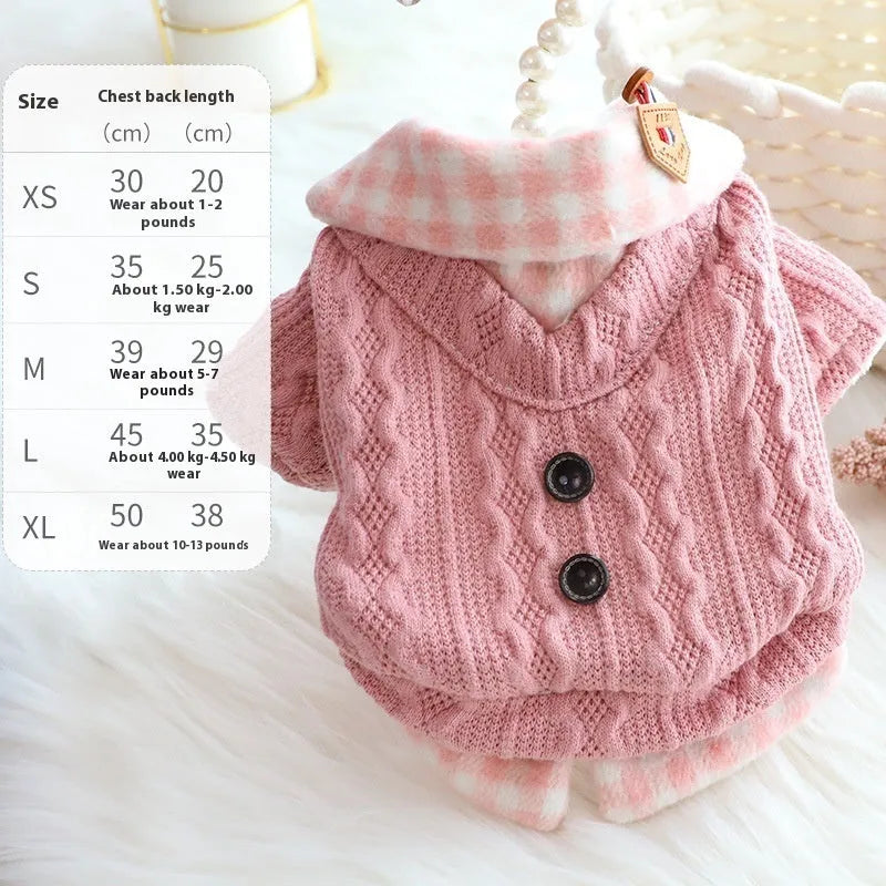 Blue wool plaid dog sweater with faux two-piece design and fleece lining for small to extra large dogs