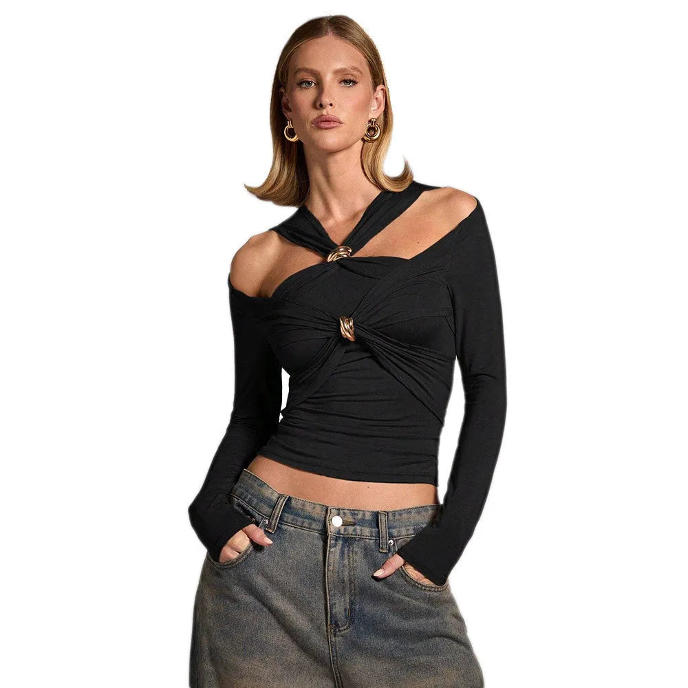 Black women's halter top with shoulder-baring design and slim fit