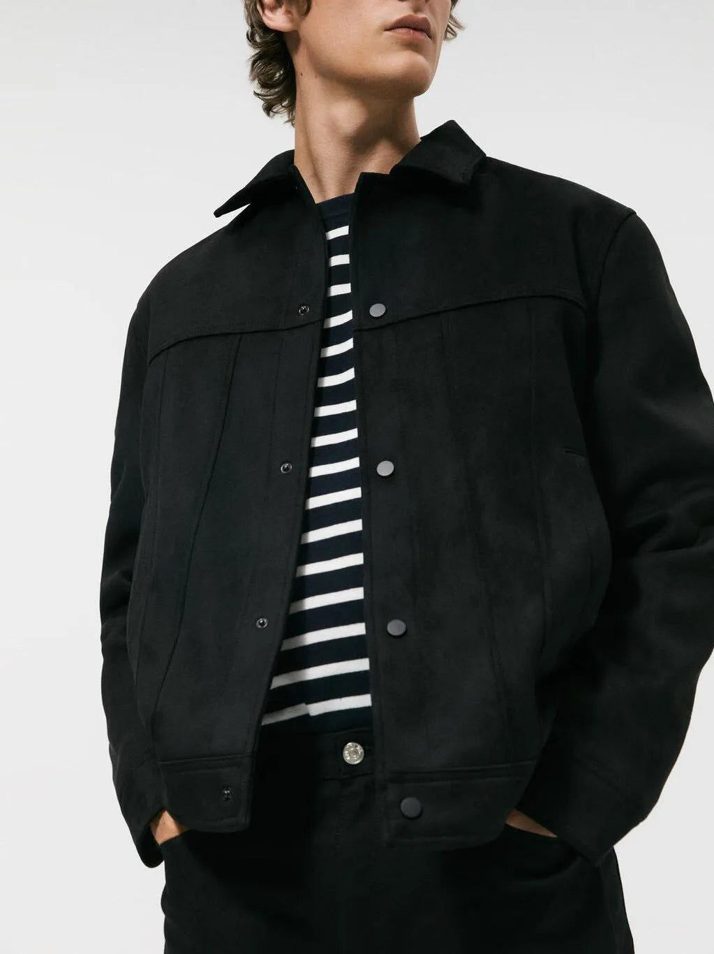 Men's black hooded jacket with suede collar showing side pockets and straight hem