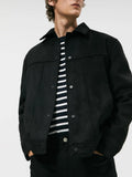 Men's black hooded jacket with suede collar showing side pockets and straight hem