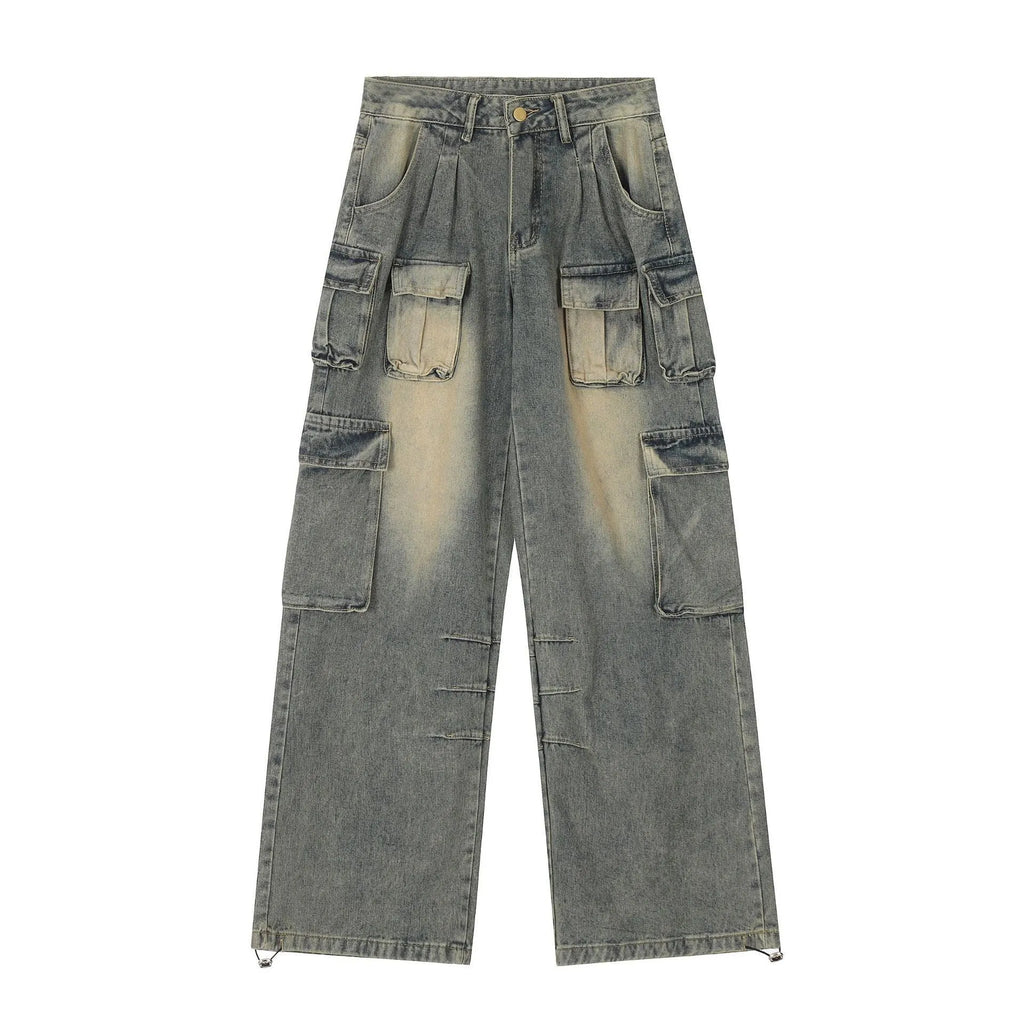 Light blue distressed denim pants with multiple pockets and straight leg loose fit
