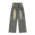 Light blue distressed denim pants with multiple pockets and straight leg loose fit