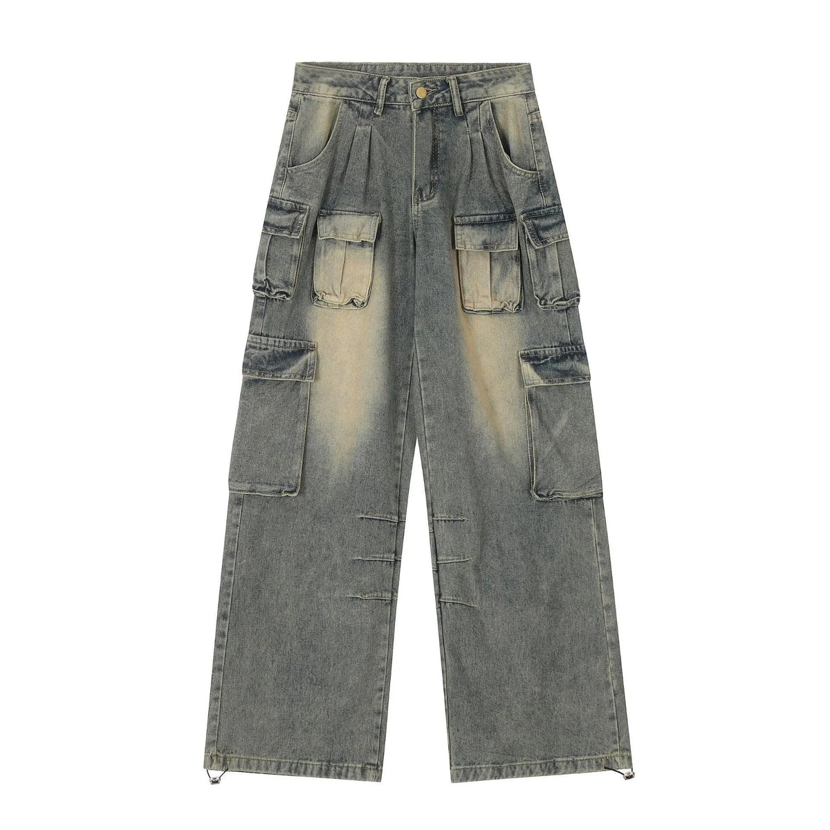 Light blue distressed denim pants with multiple pockets and straight leg loose fit