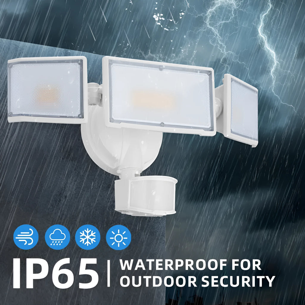 White or black 120V LED motion sensor security flood light with wall mounting bracket