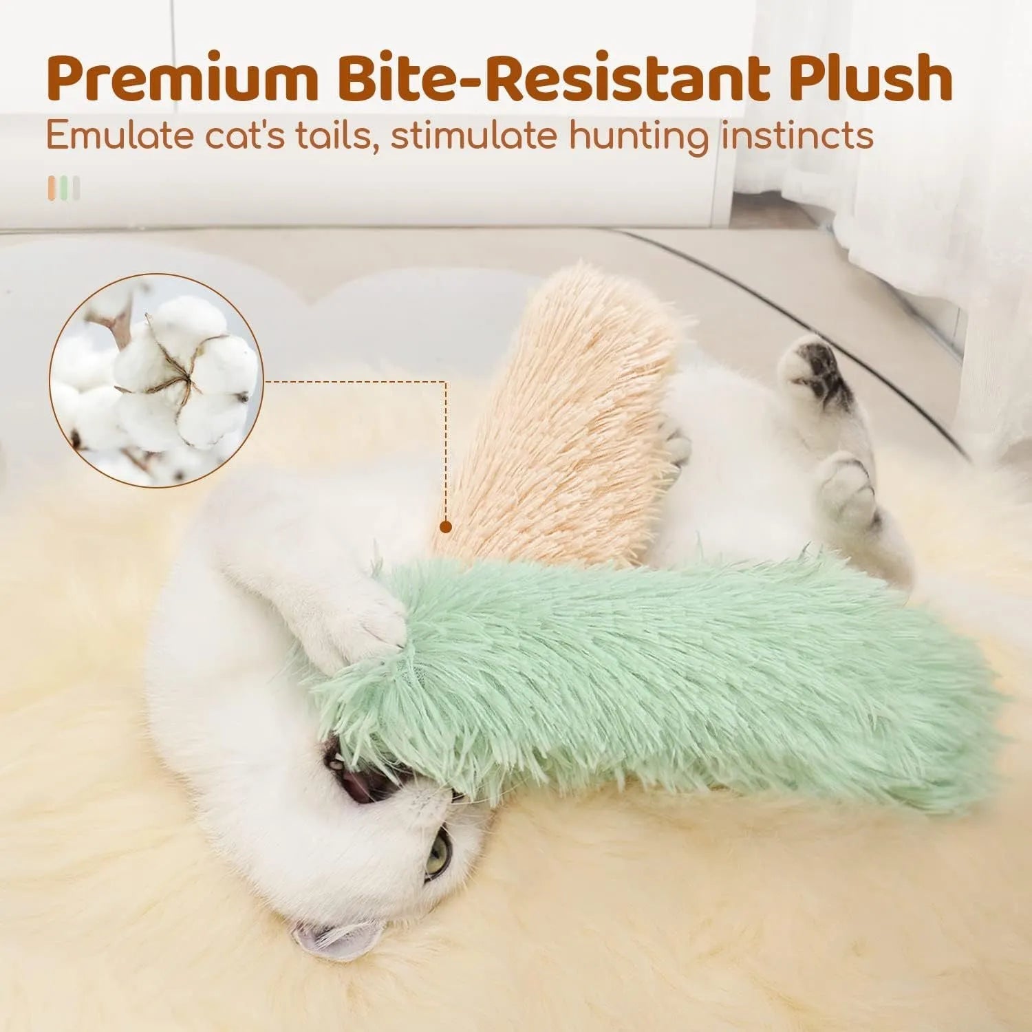 Small green plush pillow cat toy measuring 27cm by 10cm on a plain background