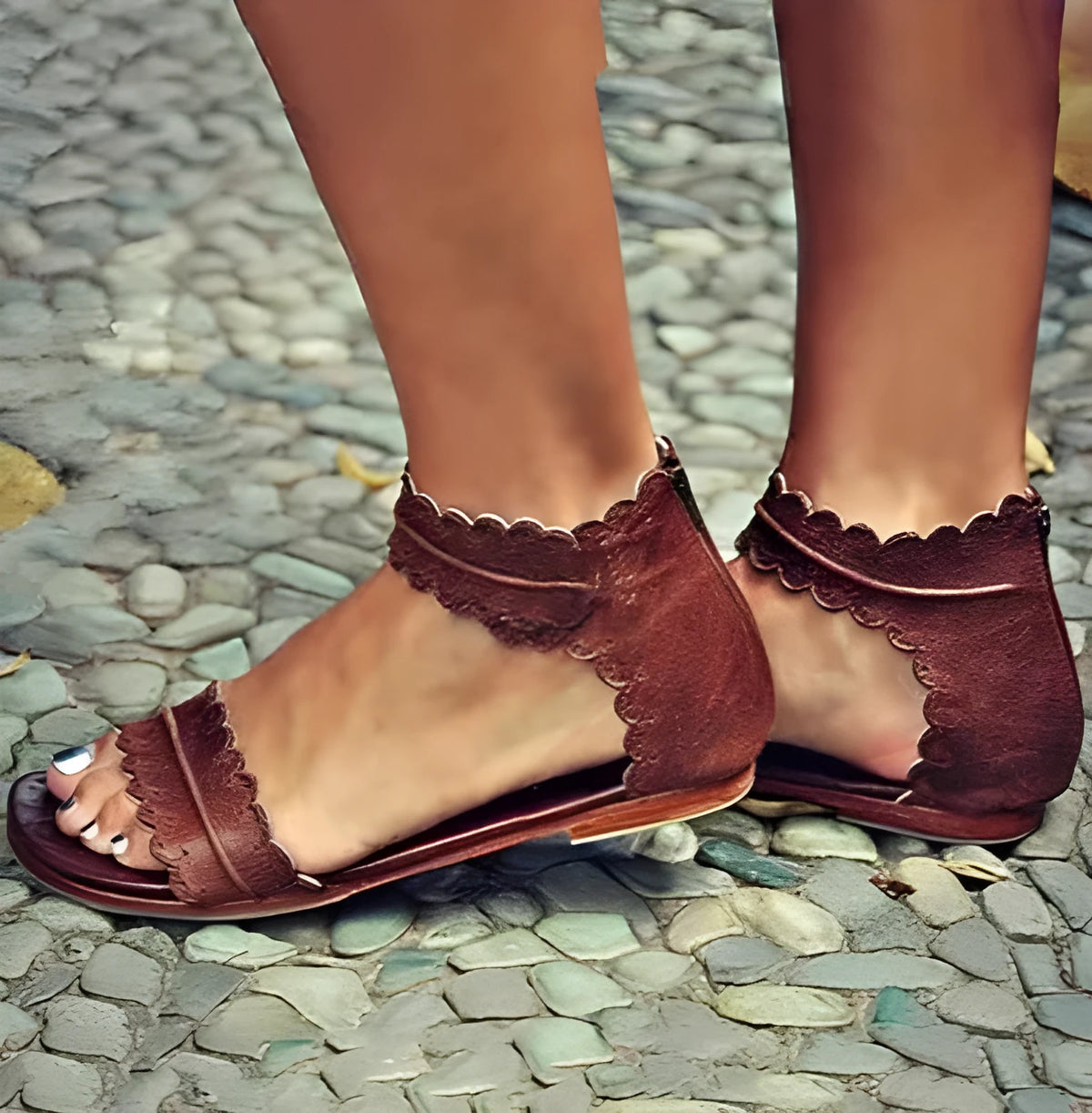 Ladies sandals with artificial PU upper and beef tendon sole, shown in black, brown, purple, and reddish brown colours.