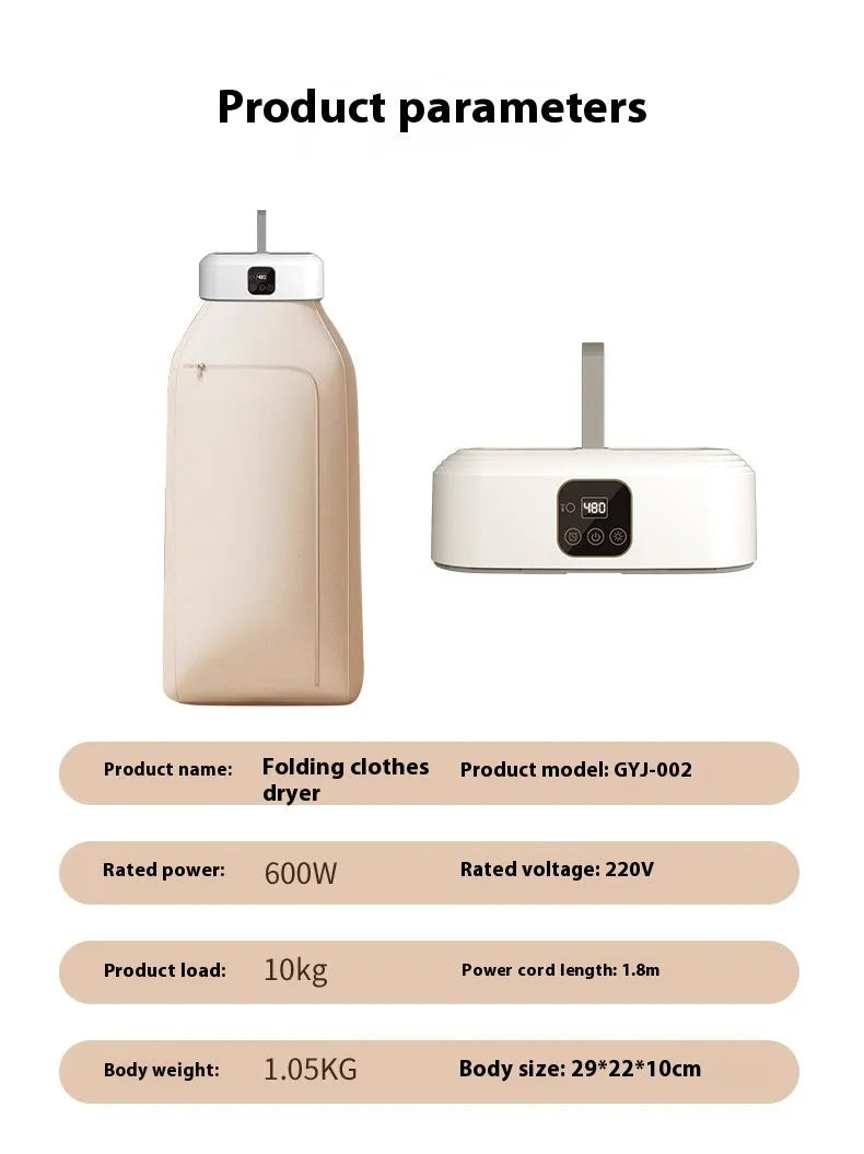 White cylindrical foldable clothes dryer with remote control on a table.
