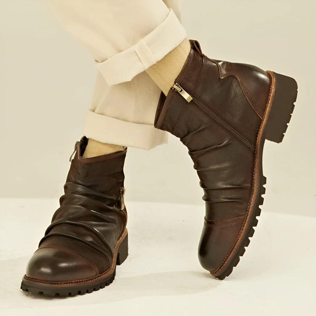 Men's black artificial PU cowboy boots with side zipper and round toe