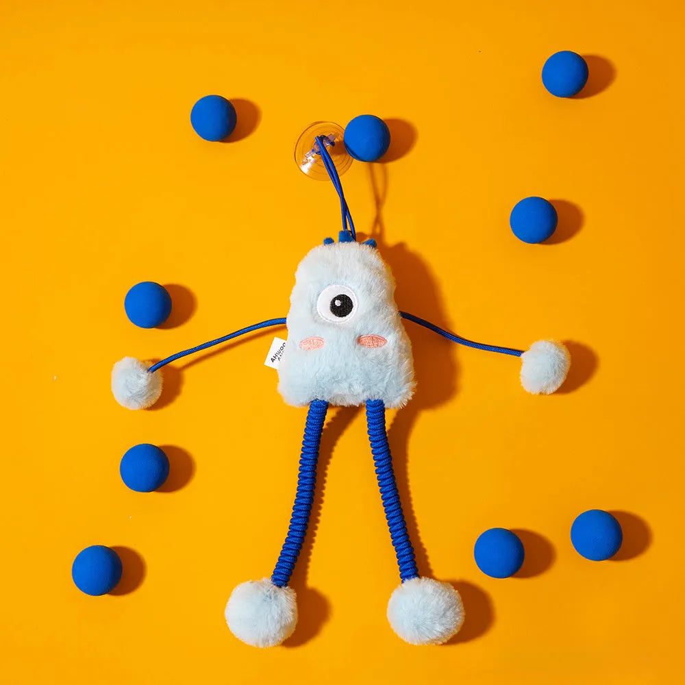 Blue telescopic elastic plush cat toy with a mint bell ring on a 30cm diameter loop.