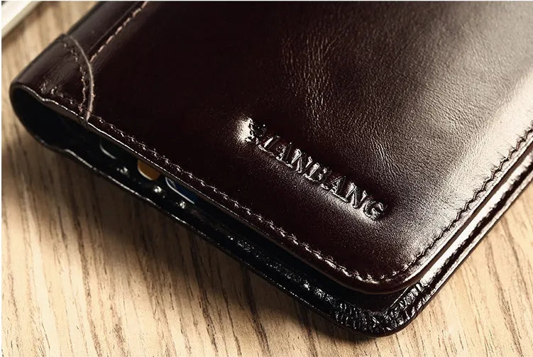 Men's leather wallet open showing photo holder, card slots, banknote folder, and hidden zippered compartment.