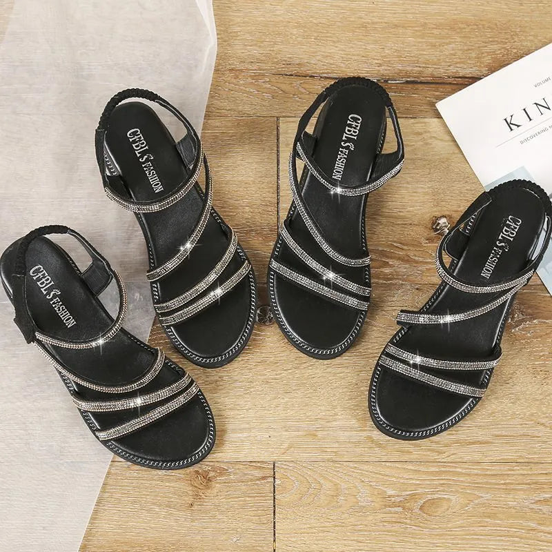 Women's gold and silver Korean-style flat sandals with sequins, elastic band, and rubber sole