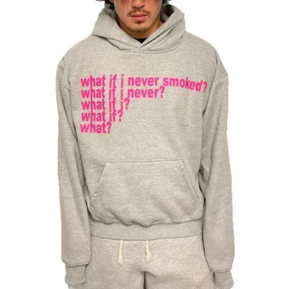 Black hooded sweater with white letter print design, modelled on person