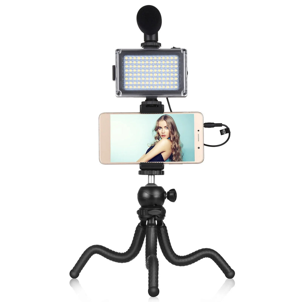 Black octopus-style flexible tripod with LED fill light and microphone for iPhone live streaming