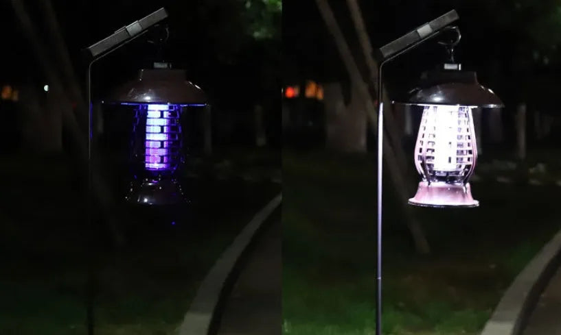 White solar mosquito lamp with purple switch, solar panel top, and LED insect attraction beads for garden outdoor use