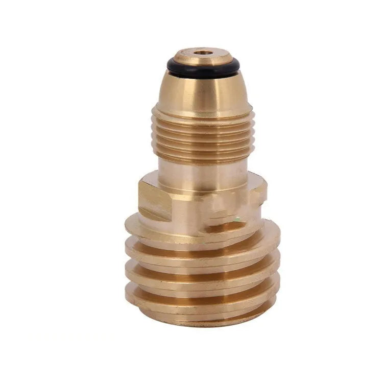Brass gas brazing adapter with gold finish, external thread taper, for 7mm internal thread gas charging connections