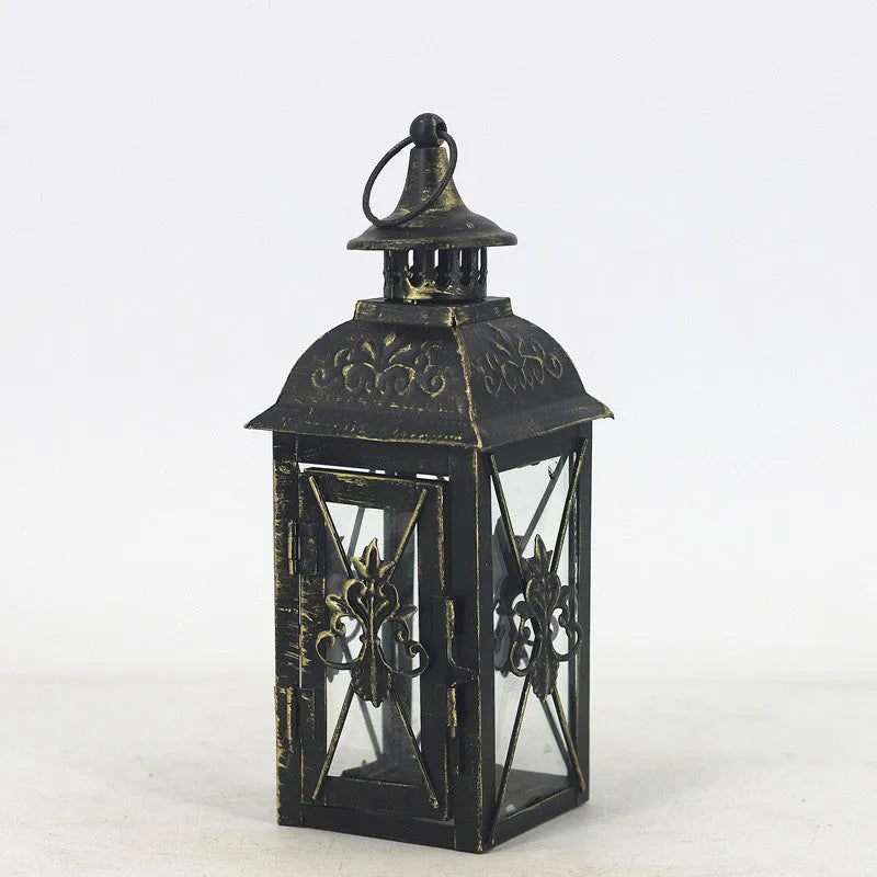 European style wrought iron floor-standing storm lantern with tempered glass panels for garden decoration