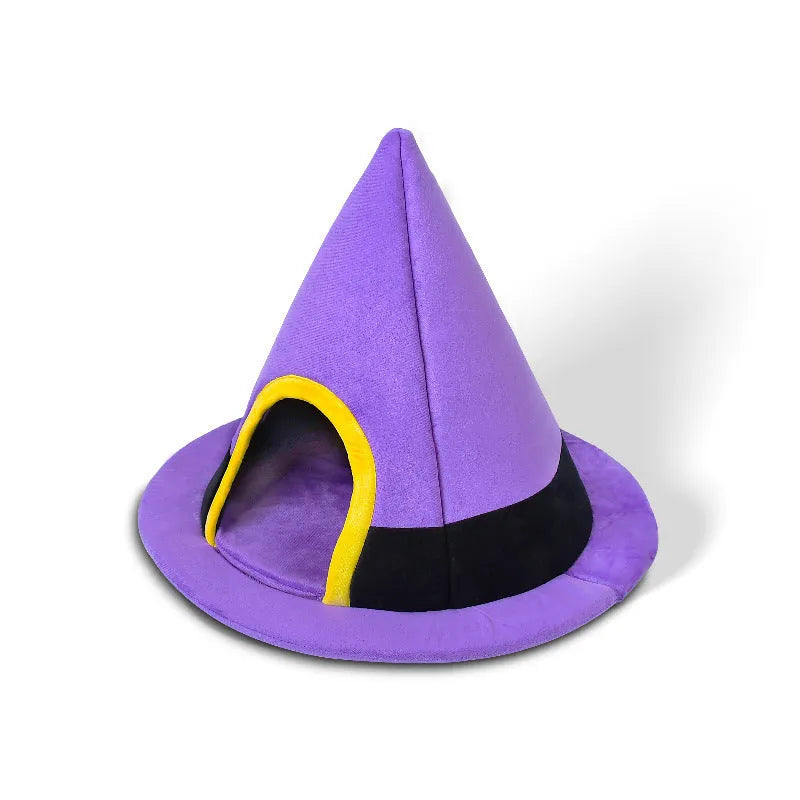 Purple Halloween witch hat shaped cat bed measuring 60x45cm for indoor pet use