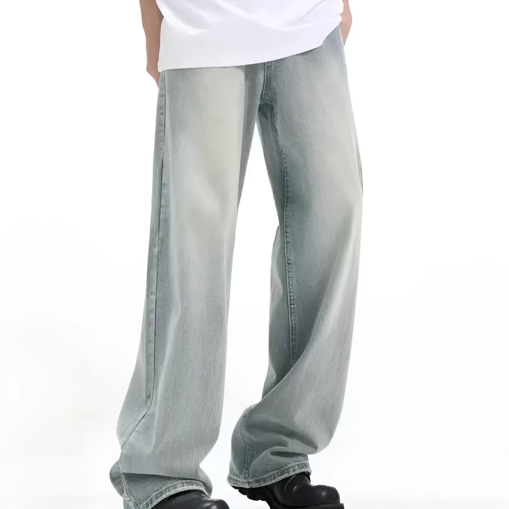 Blue loose-fit retro-style women's trousers made from rabbit fur fabric on a neutral background.