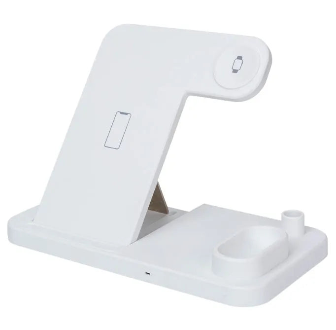 4-in-1 wireless charging station showing phone, Apple Watch, AirPods and Apple Pencil charging simultaneously