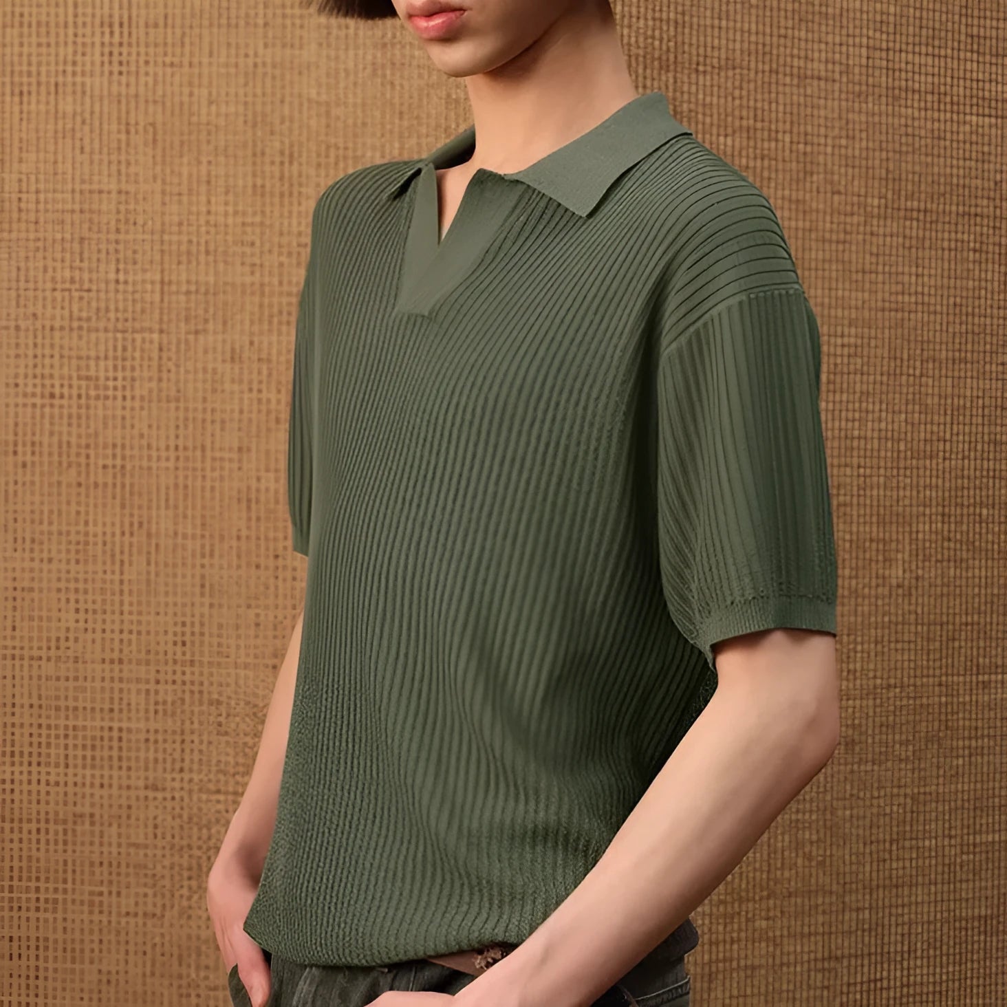 Men's creamy-white loose fit polo shirt with striped collar and short sleeves.