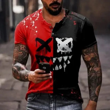 Men's grey short sleeve sports shirt with a 3D printed abstract colour pattern and a lapel button.