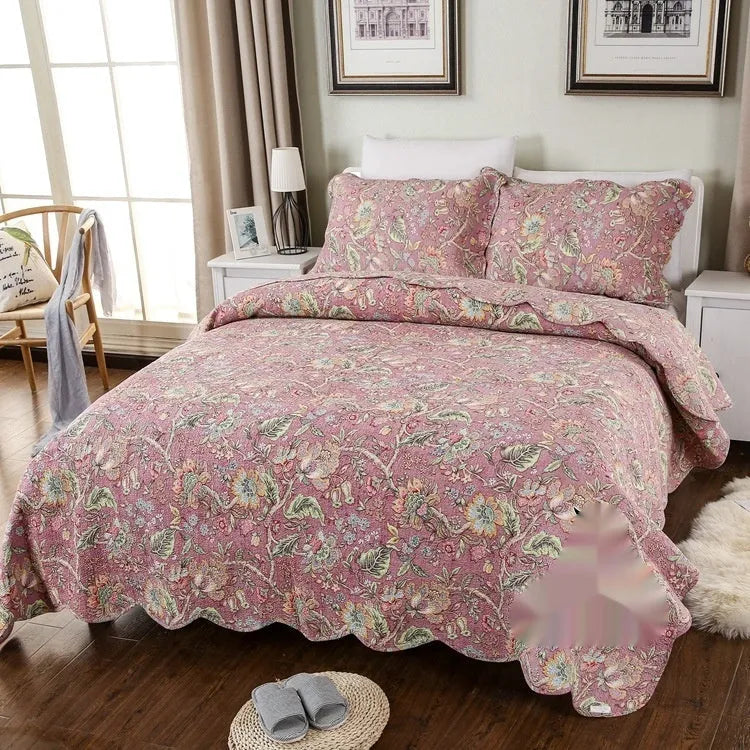 Pure cotton bedspread three-piece set with geometric pattern showing bed cover and pillowcases
