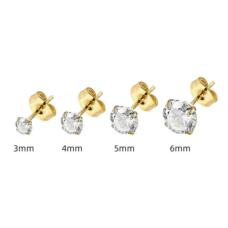 Square geometric zircon stud earrings with titanium steel post in gold and steel colour finishes.