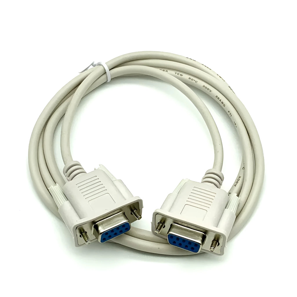 DB9 female to female RS232 serial port cable, 1.5 metres long in milky white.