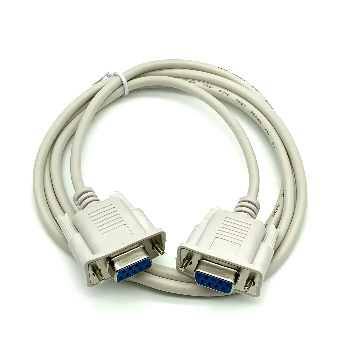 DB9 female to female RS232 serial port cable, 1.5 metres long in milky white.