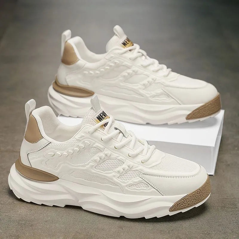 Men's solid colour breathable mesh trainers in black or white with round toe