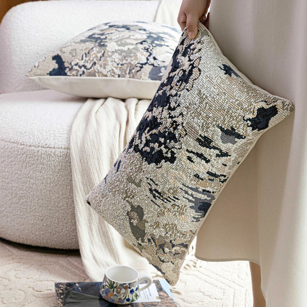 Antique blue decorative cushion with abstract floral pattern, shown in square and waist pillow sizes.