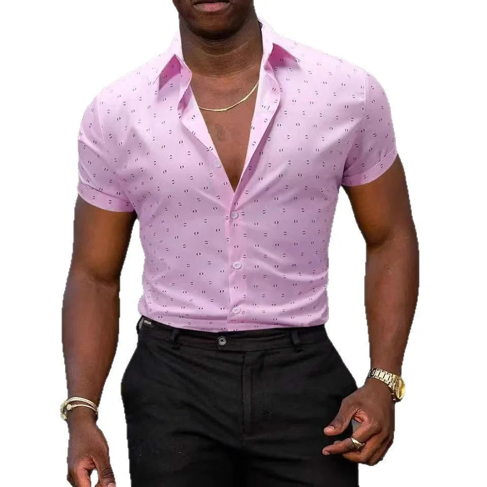 Men's light blue floral print short-sleeved shirt with a cardigan style collar
