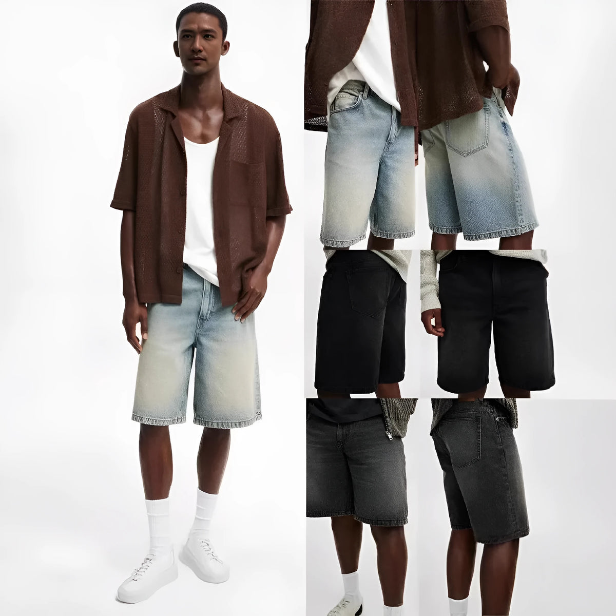 Man wearing loose light blue straight leg cotton denim jeans for casual summer streetwear.