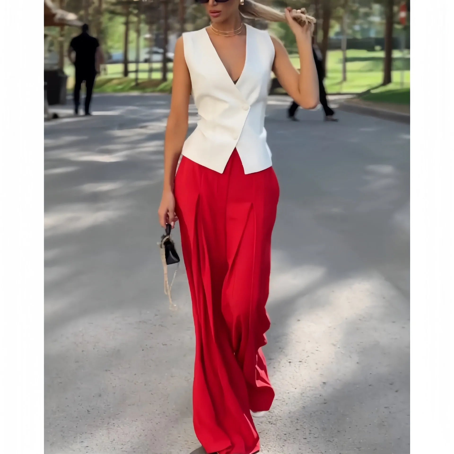 Women's beige deep V-neck sleeveless top and wide leg trousers two-piece set