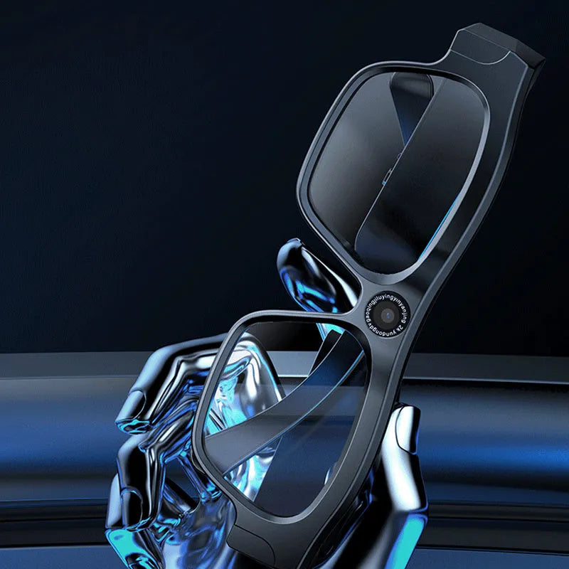 Black head-mounted smart Bluetooth glasses with transparent lenses for video recording