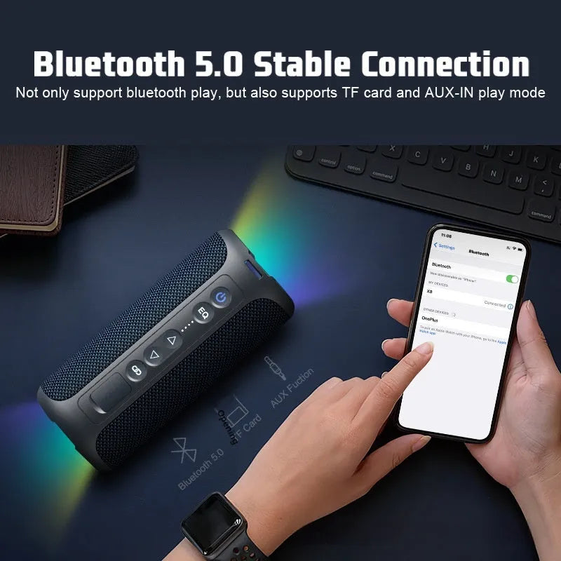 Black and blue fabric wireless Bluetooth speaker with luminous LED lights