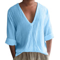 Men's long sleeve V-neck T-shirt in washed cotton fabric showing solid colour options